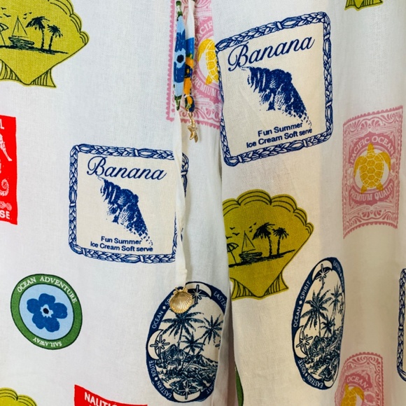 Rachel Zoe Palazzo Pants Linen Blend Pacific Stamps Size M White Beachy Tropical - Picture 11 of 16